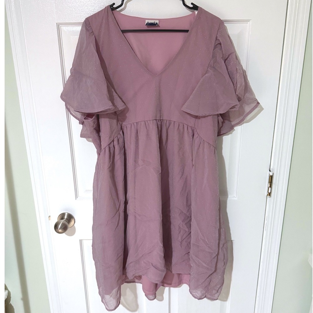Arula Mauve Shimmer Flutter Sleeve Babydoll Dress V-Neck Plus Size C MD4417R-AS